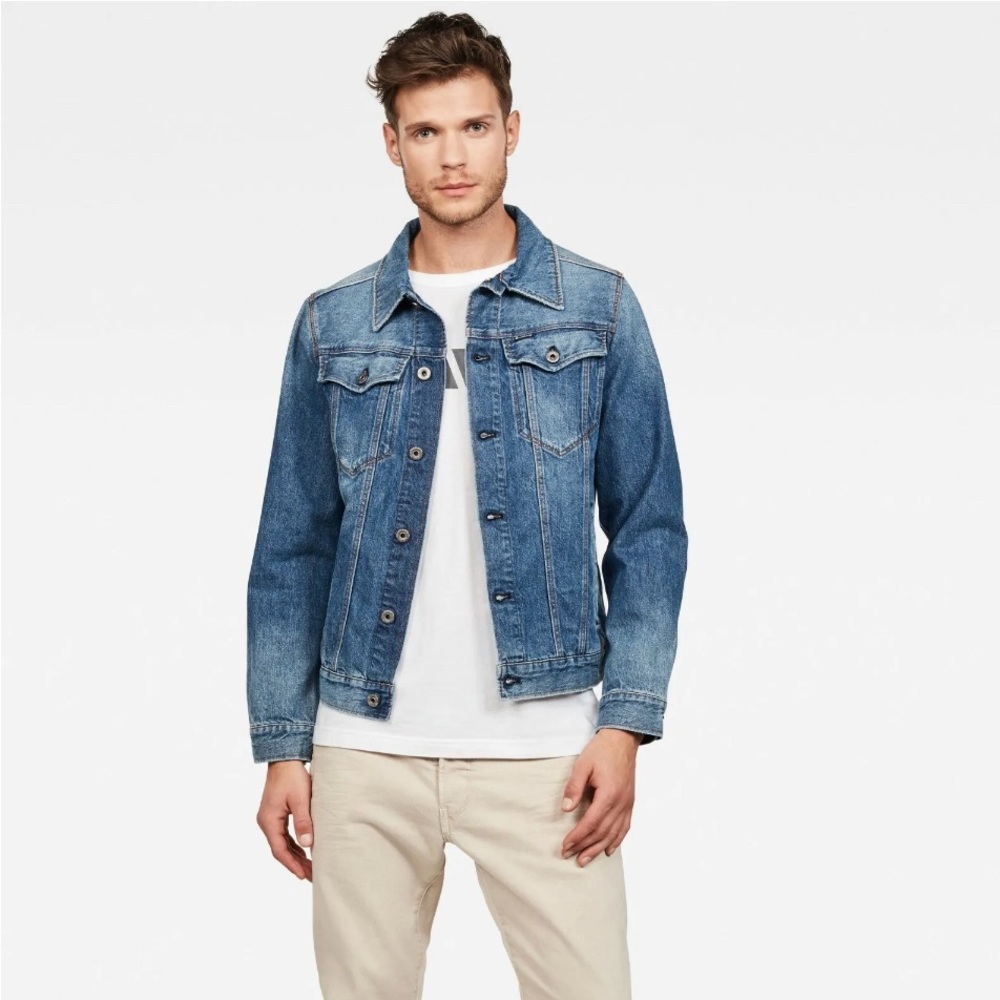G-Star Raw Denim Trucker Jacket Men Large Blue Slim Fit Stretch 3301 Faded Stone